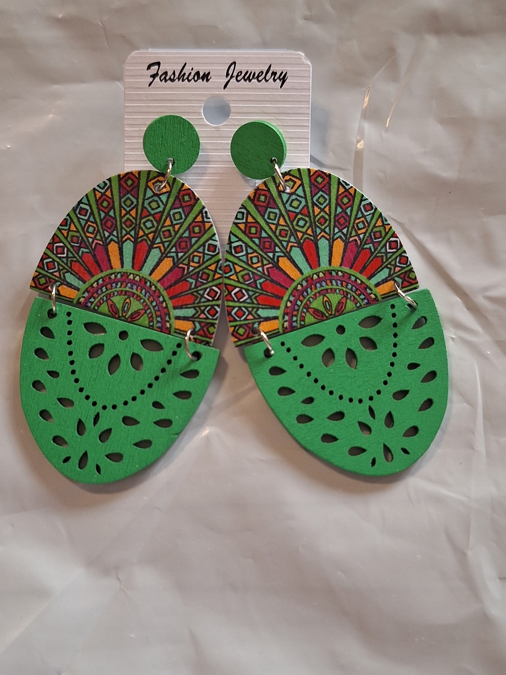 Fashion Jewelry Green Layered Cutout & Multicolor Mandala Drop Earrings
